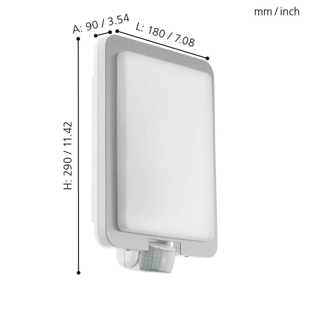 EGLO 97218  Уличный светильник настенный MUSSOTTO с датч. дв-я, 1х60W(E27), L210, H305, A90, нерж. сталь,