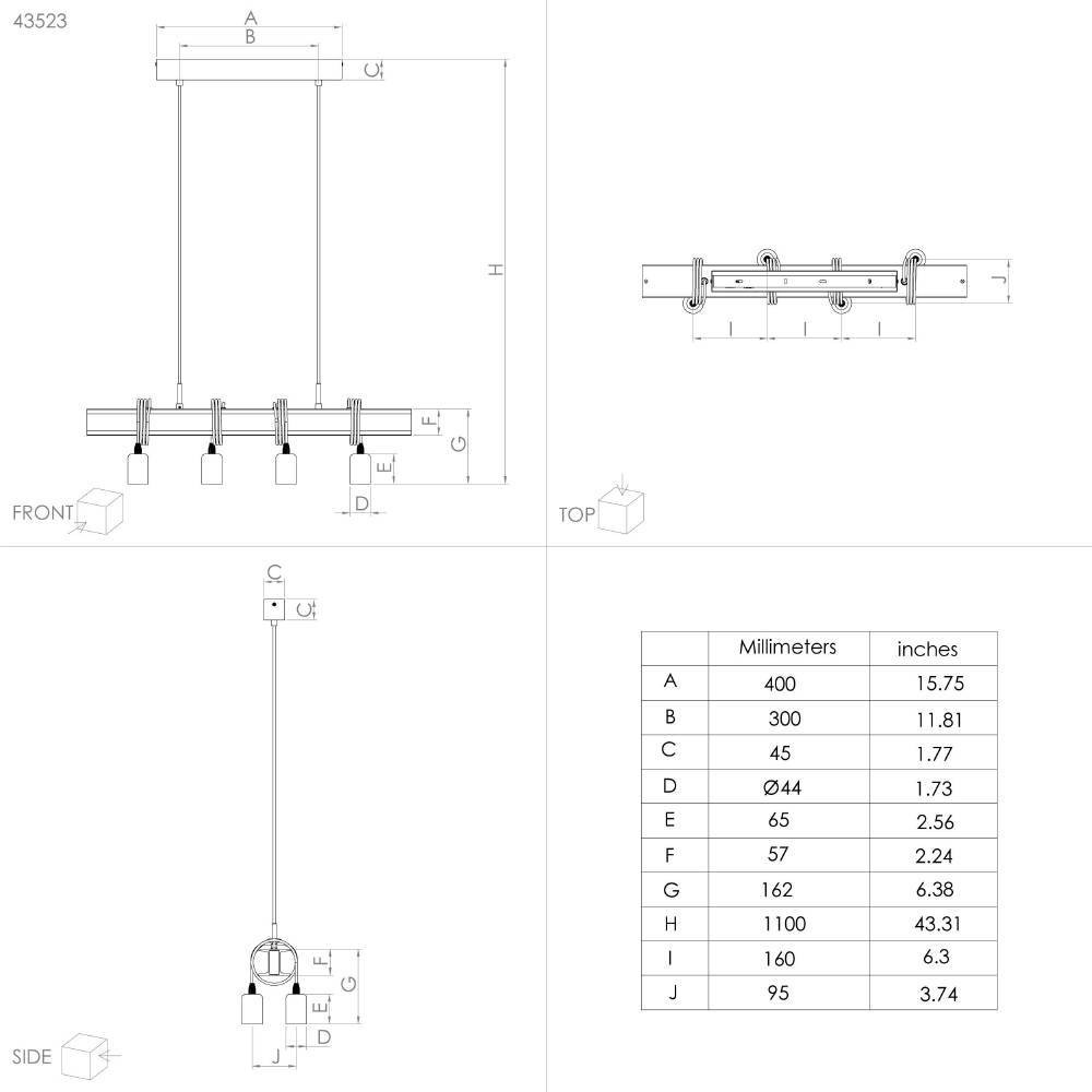 EGLO 43523  Подвесной потолочный светильник (люстра) TOWNSHEND 4, 4Х60W, E27, L700, B140, H1100, сталь, ан